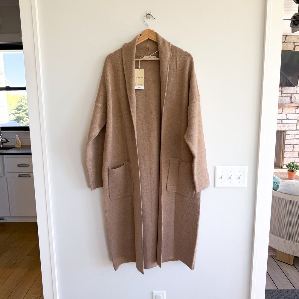 Mango Committed Ringo Open-Front Mid Length Cardigan Tan S NWT
